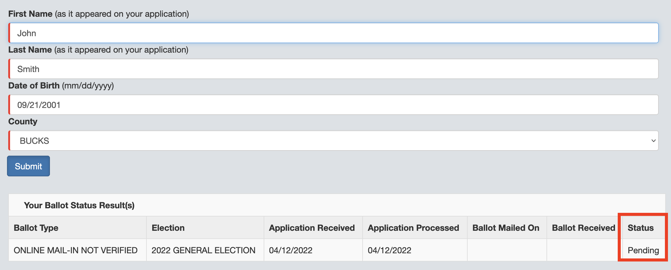 An image of the mail ballot status site at votes.pa.gov. The word "Pending" in the status column means your ballot has been successfully requested